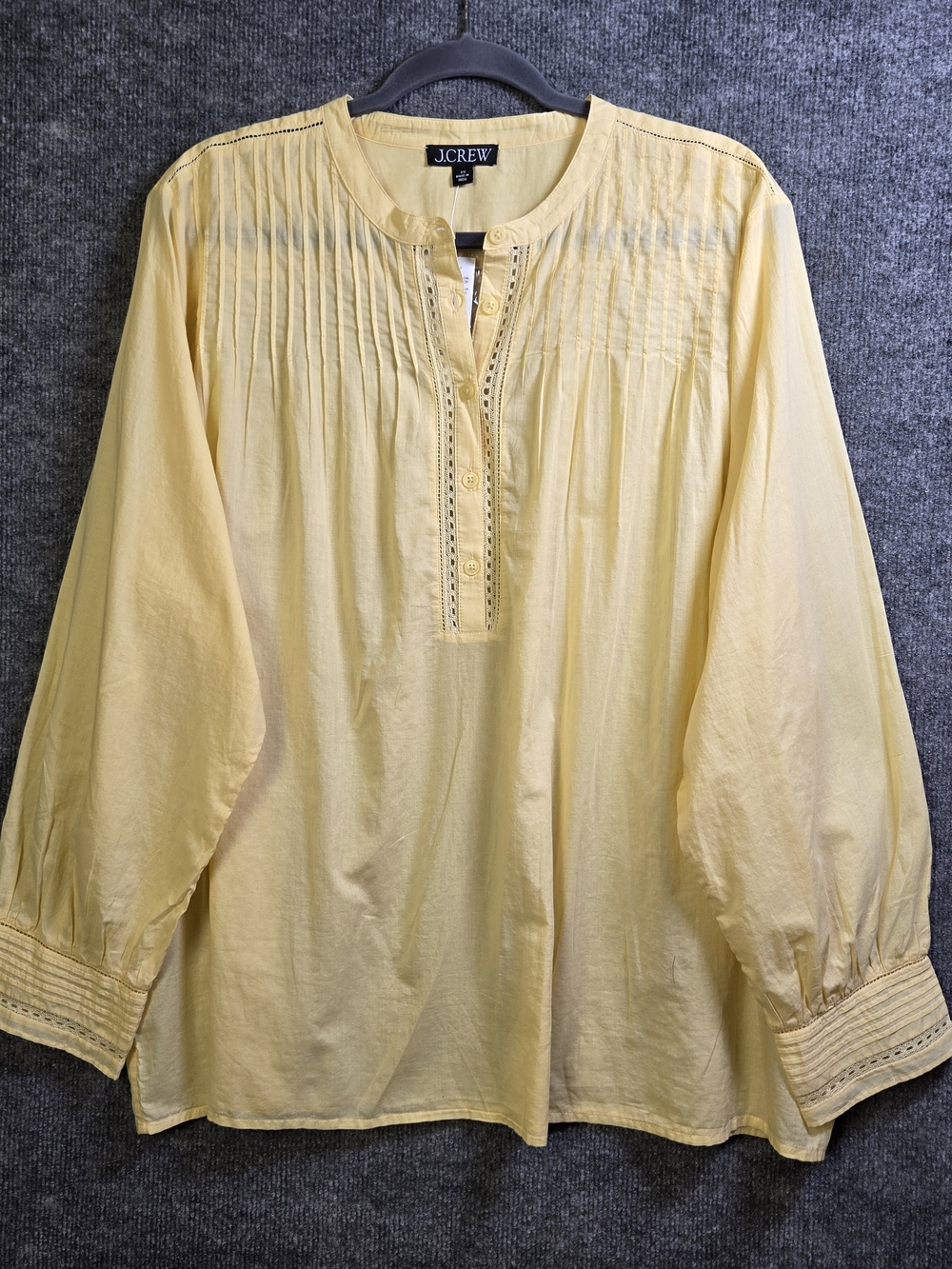 J Crew Shirt Womens 2X Yellow Lightweight Henley Pintuck Lace Cuffs New